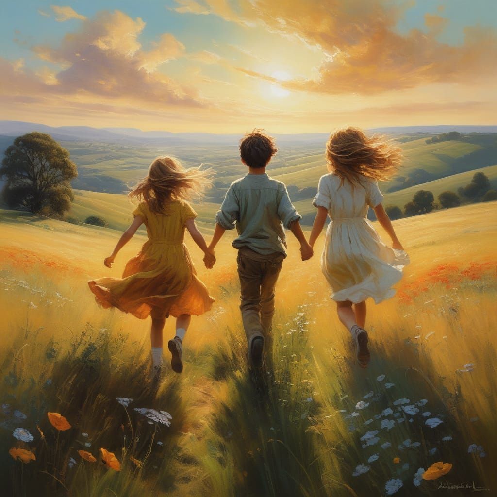 Children's Joyful Meadow Play: A Vivid Oil Painting