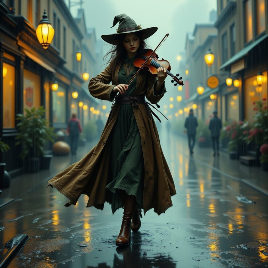 Elf Busker Dances with Violin in Rainy Street