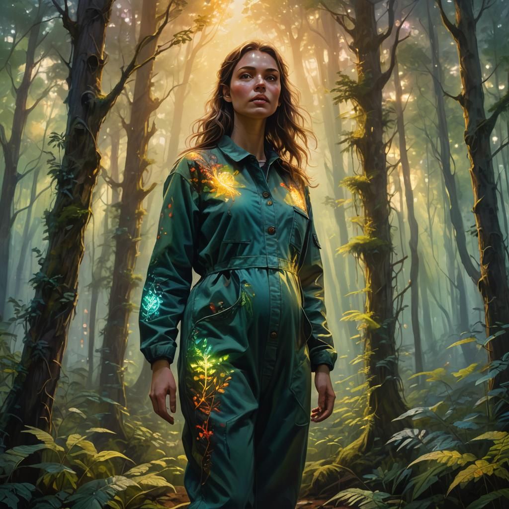Pregnant Woman in Mystical Forest: Oil Painting