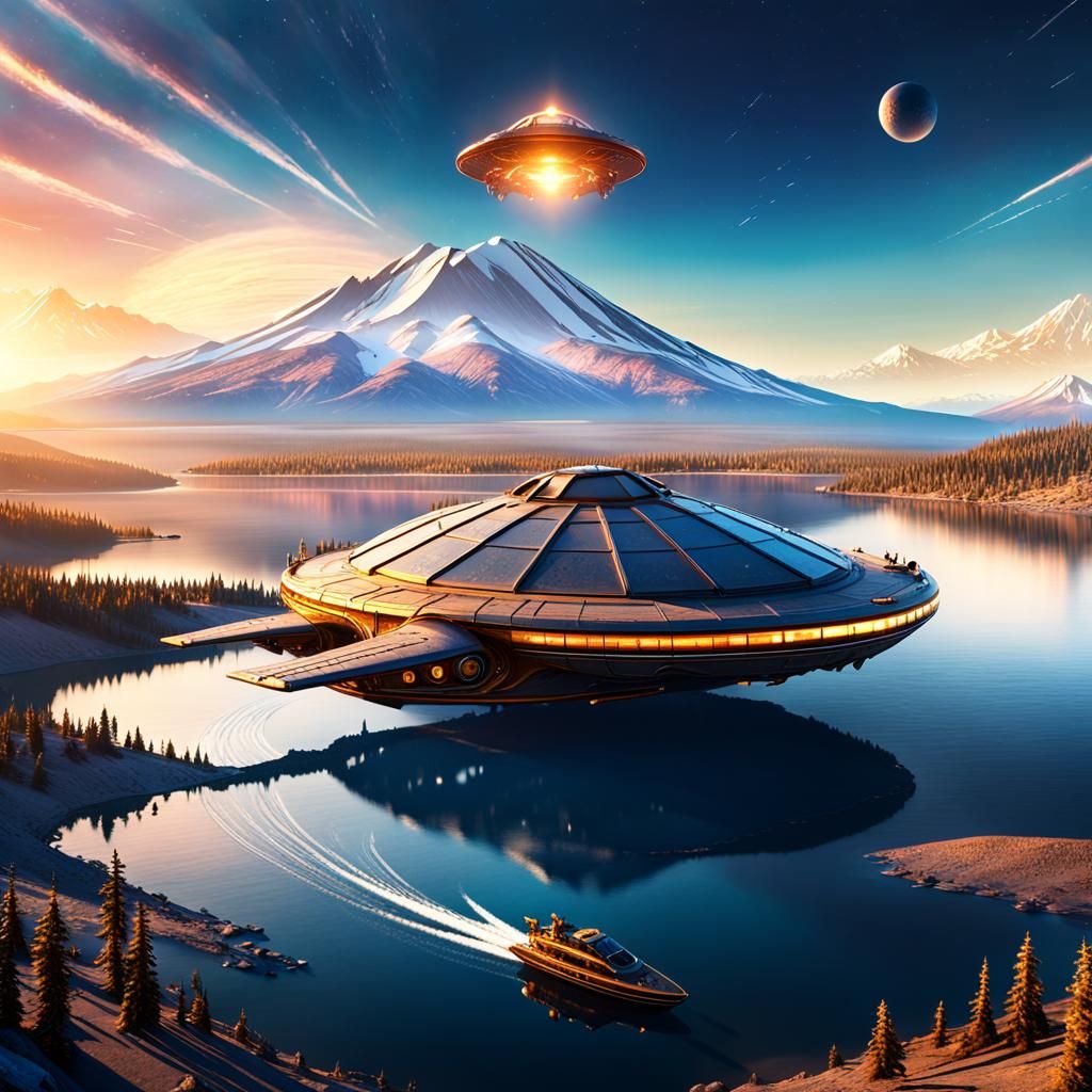 Alien Ship Over Mount Shasta: Golden Hour Fantasy