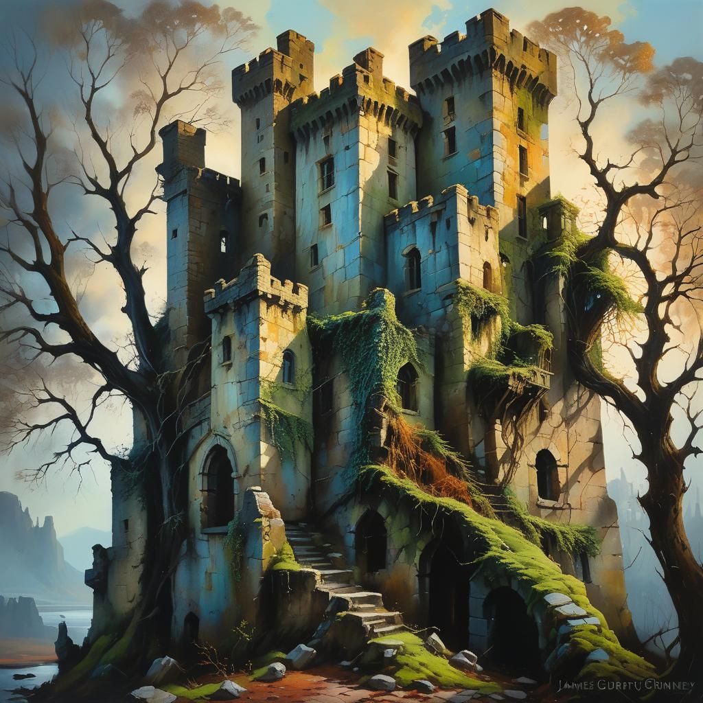 Mystical Castle in Golden Hour Light: Oil Painting