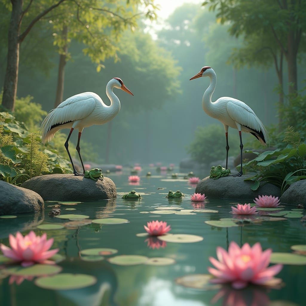 Serene Pond Scene with Frogs, Cranes, and Lush Vegetation in...