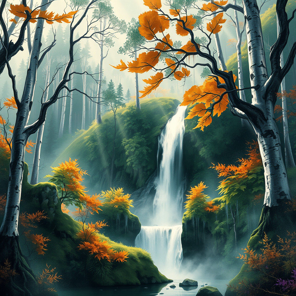 Emerald Waterfall in Tasmanian Forest: Japanese Ink Art
