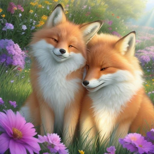 Cute Fluffy Fox in Summer Flower Field
