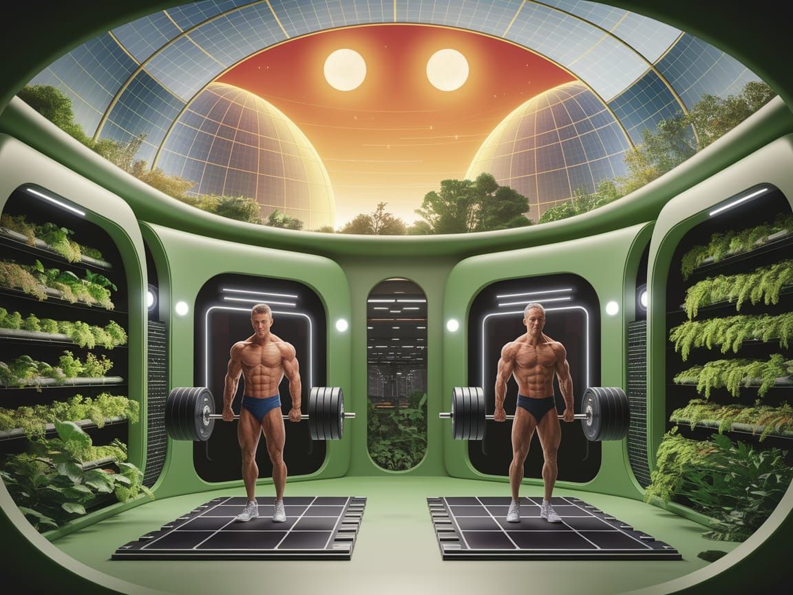Surreal Solarpunk Gym on Alien Planet with Twin Suns