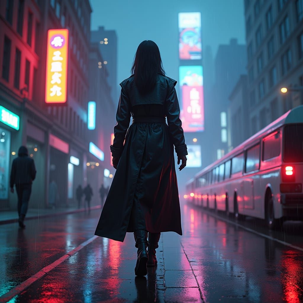 Cyberpunk Protagonist in Rainy Cityscape