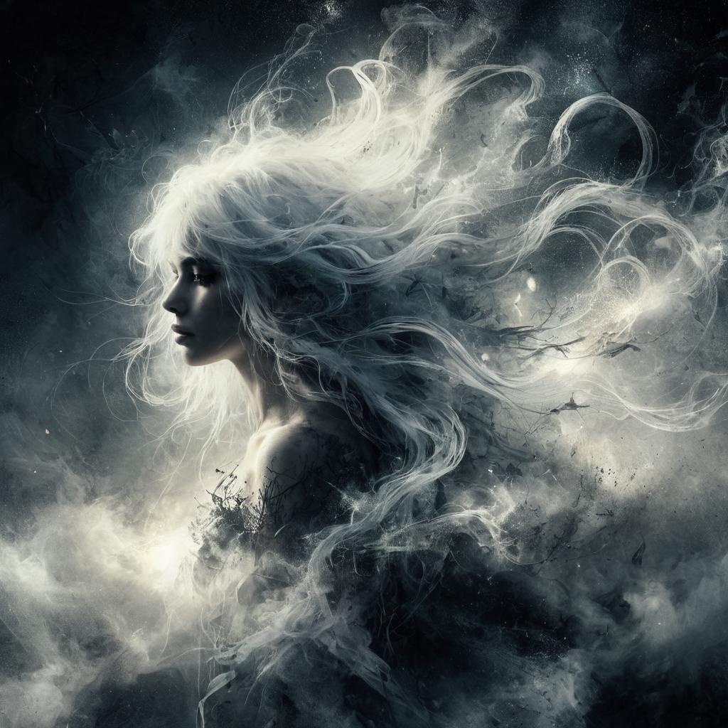 Ethereal White-Haired Woman in Dark Fantasy Setting