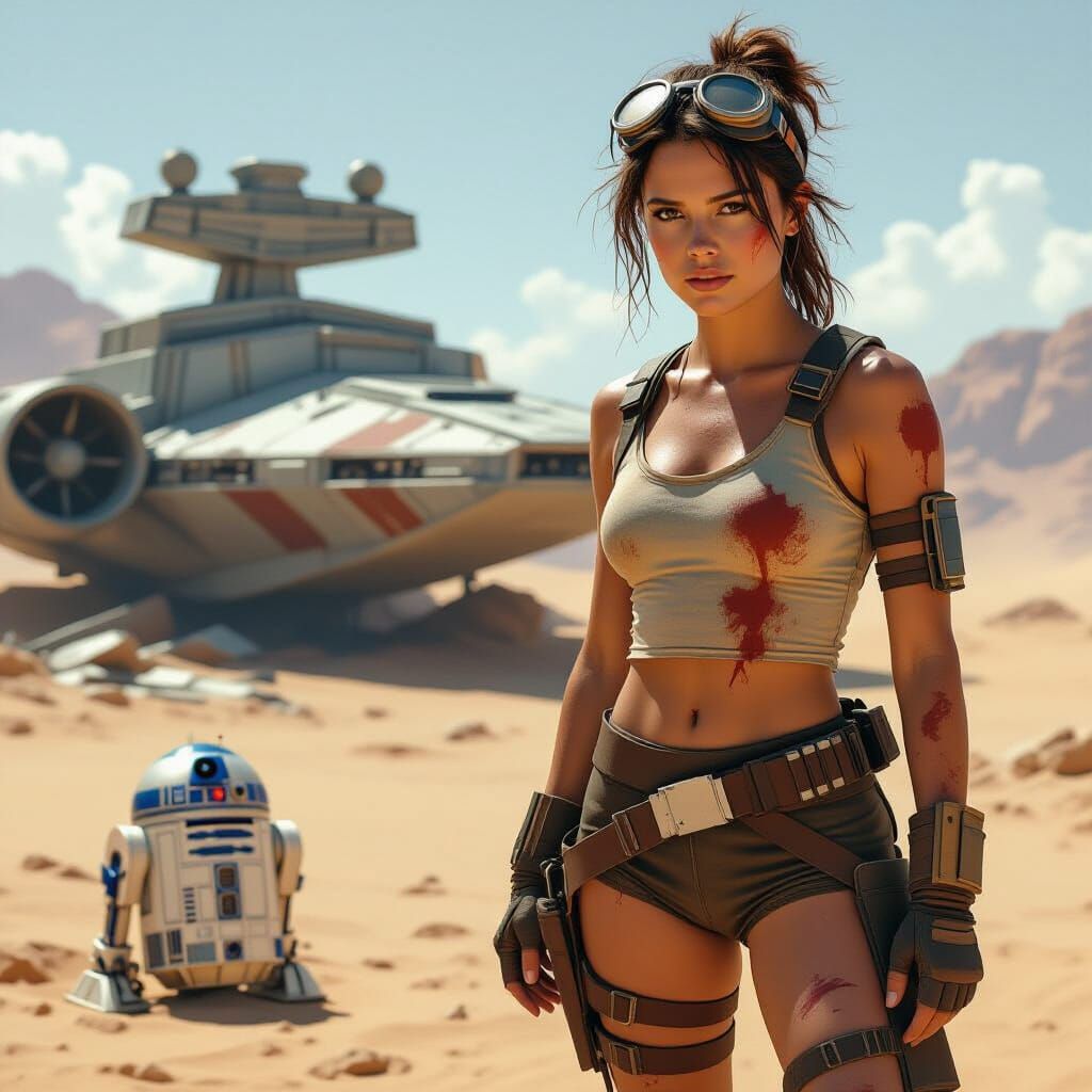 Scavenger Rey on Desert Planet in Gritty Style