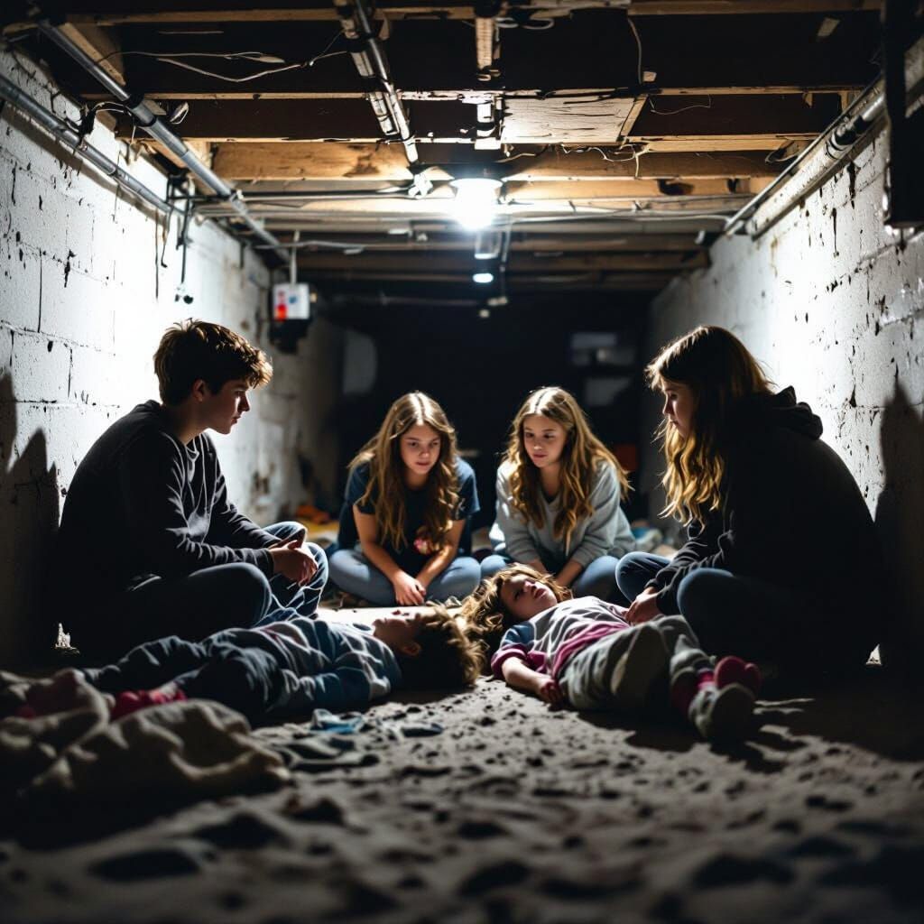 Teens Watch Kids in Dimly Lit Basement Photo
