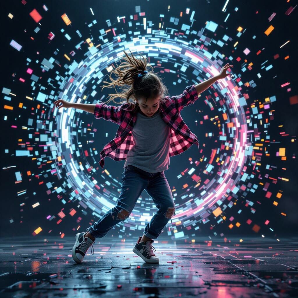 Dynamic Breakdance Pose in Cyberpunk Style