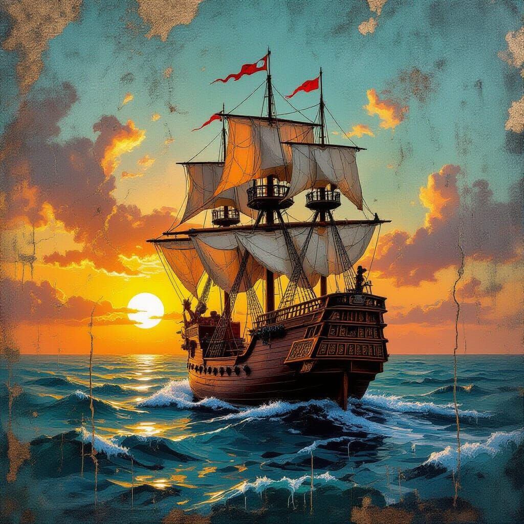 Galleon Ship at Sunset in Mixed-Media Style