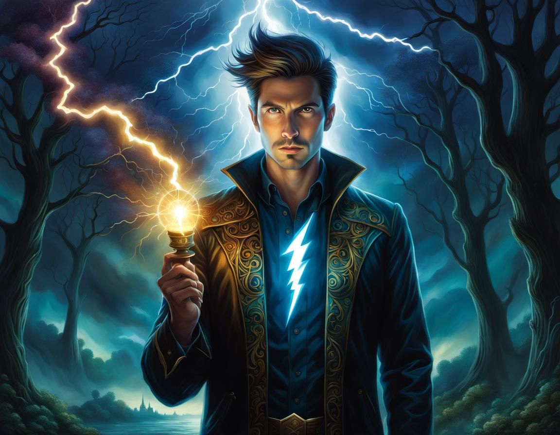 Man Holds Lightning Bolt in Storybook Illustration