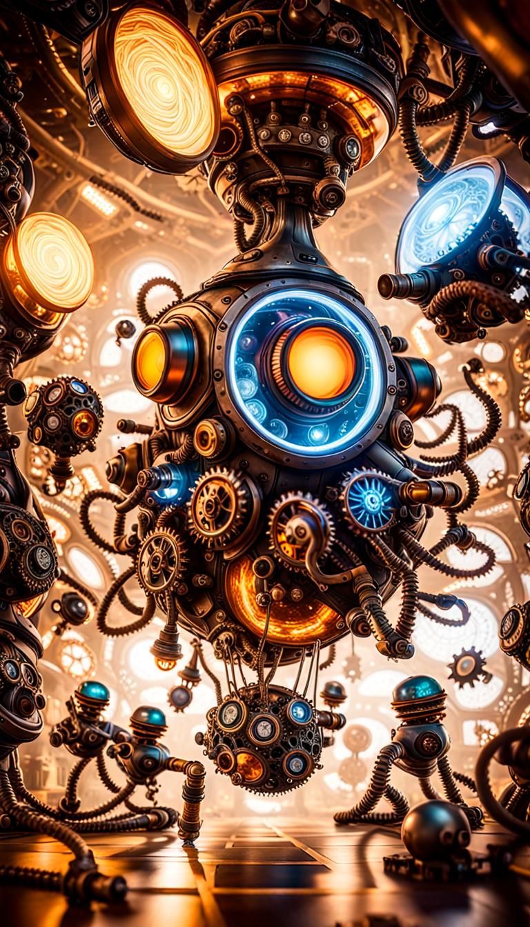 Sparkling Robot Octopuses in Steampunk Spaceship