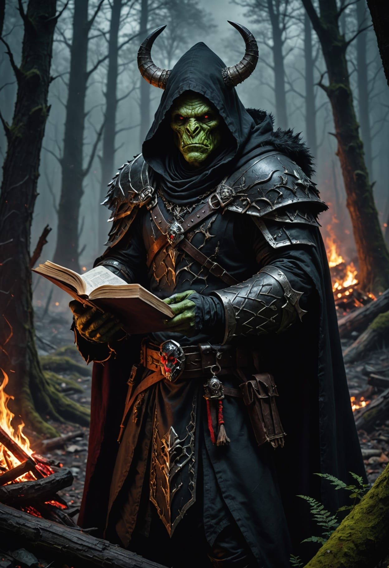 Orc Warlock in Dark Forest with Magic Tome