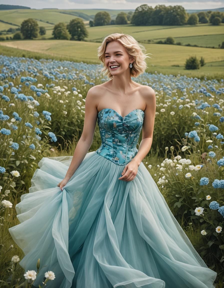 Elegant Woman in Turquoise Dress in Countryside