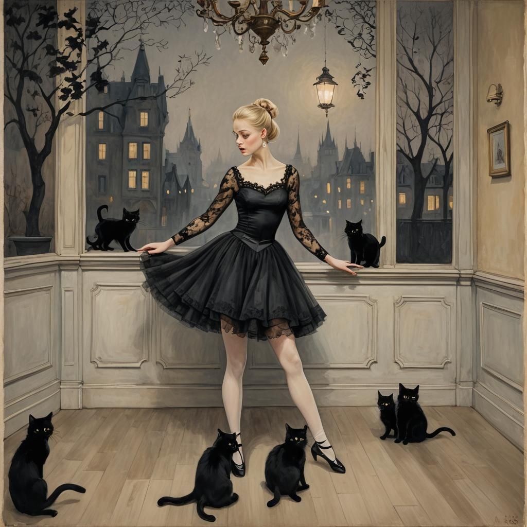Blonde Ballerina in Black Lace Watched by Cats