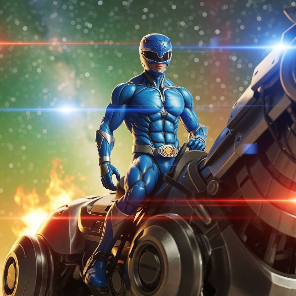 Blue Power Ranger on Mech-Horse in Cyberpunk Style