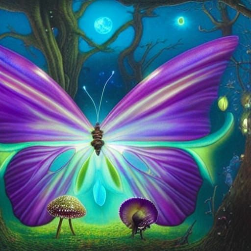 Butterfly in Glowing Night Forest, Surrealist Art