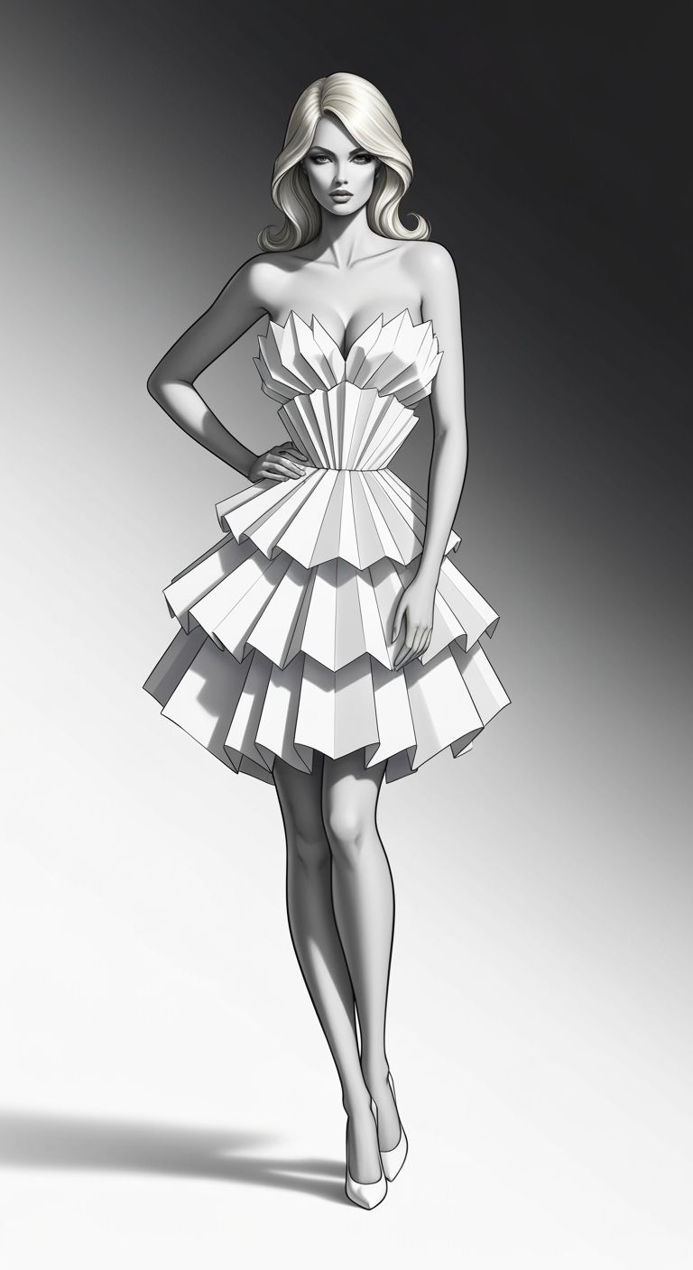 Emma Frost in Elegant Origami Paper Dress Illustration