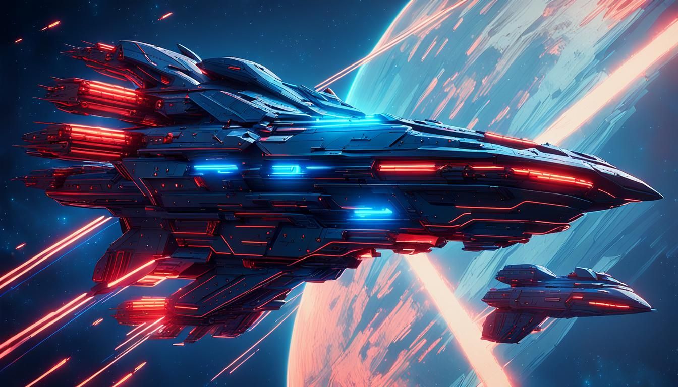 Futuristic Warship Concept Art in Neon-Lit Space