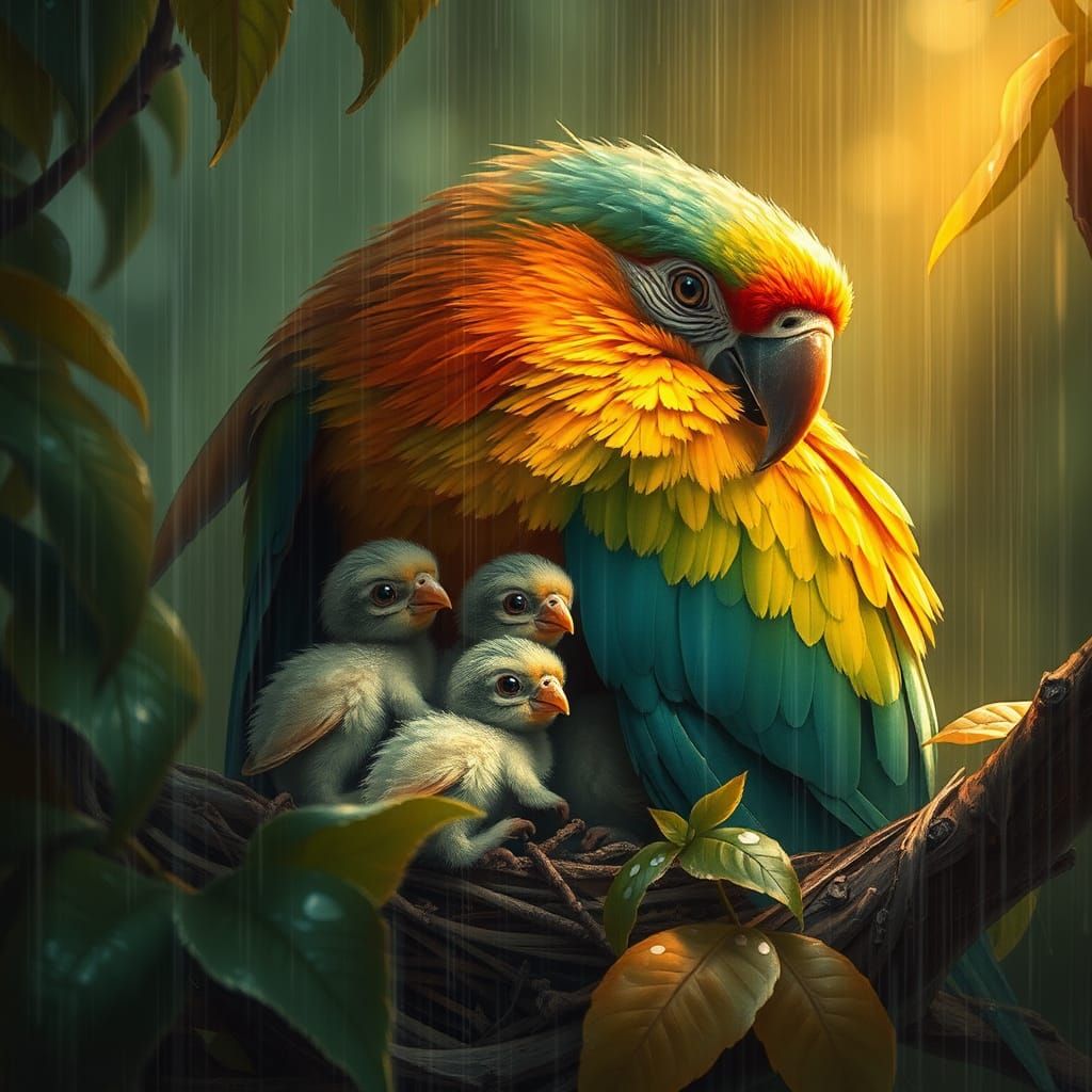 Mother Parrot Sheltering Chicks in Rousseau Style