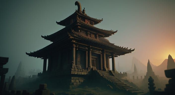 Epic Cinematic Temple Scene on 35mm Film