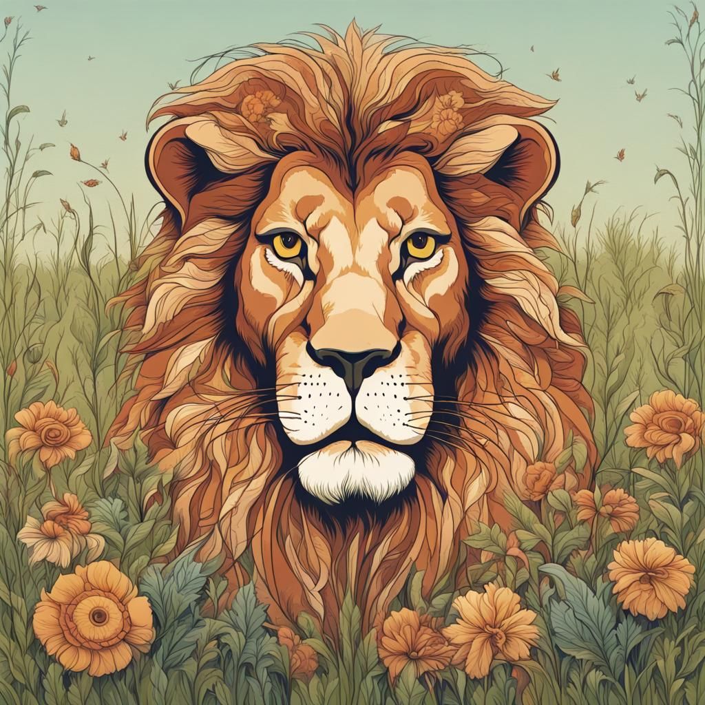 Lion with Floral Pattern in Grassy Field