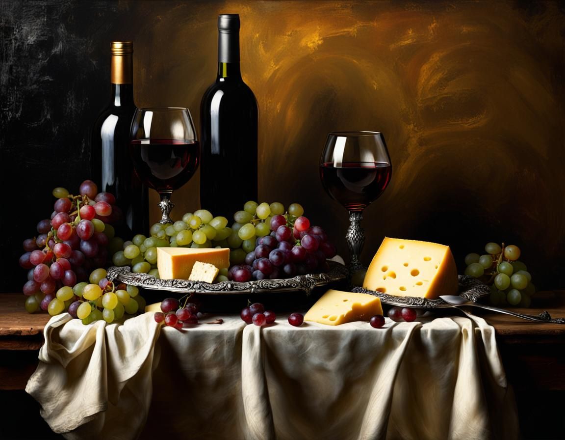 Baroque Still Life of Cheese, Wine and Grapes
