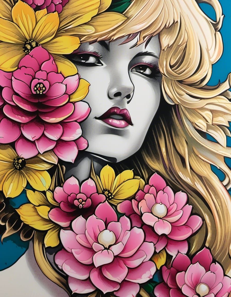 Blossom Girl Drawing in Mingei Style