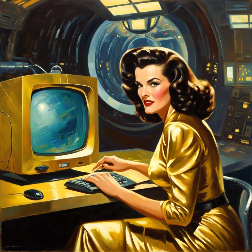 Retro Sci-Fi Woman in Lab, Impressionistic Oil Painting