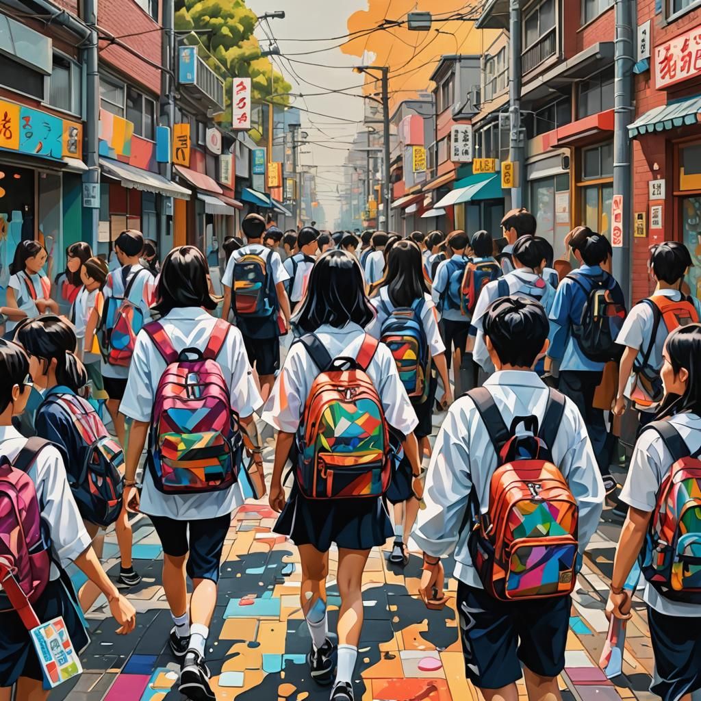 Japanese Students in Polychromatic Street Art Style