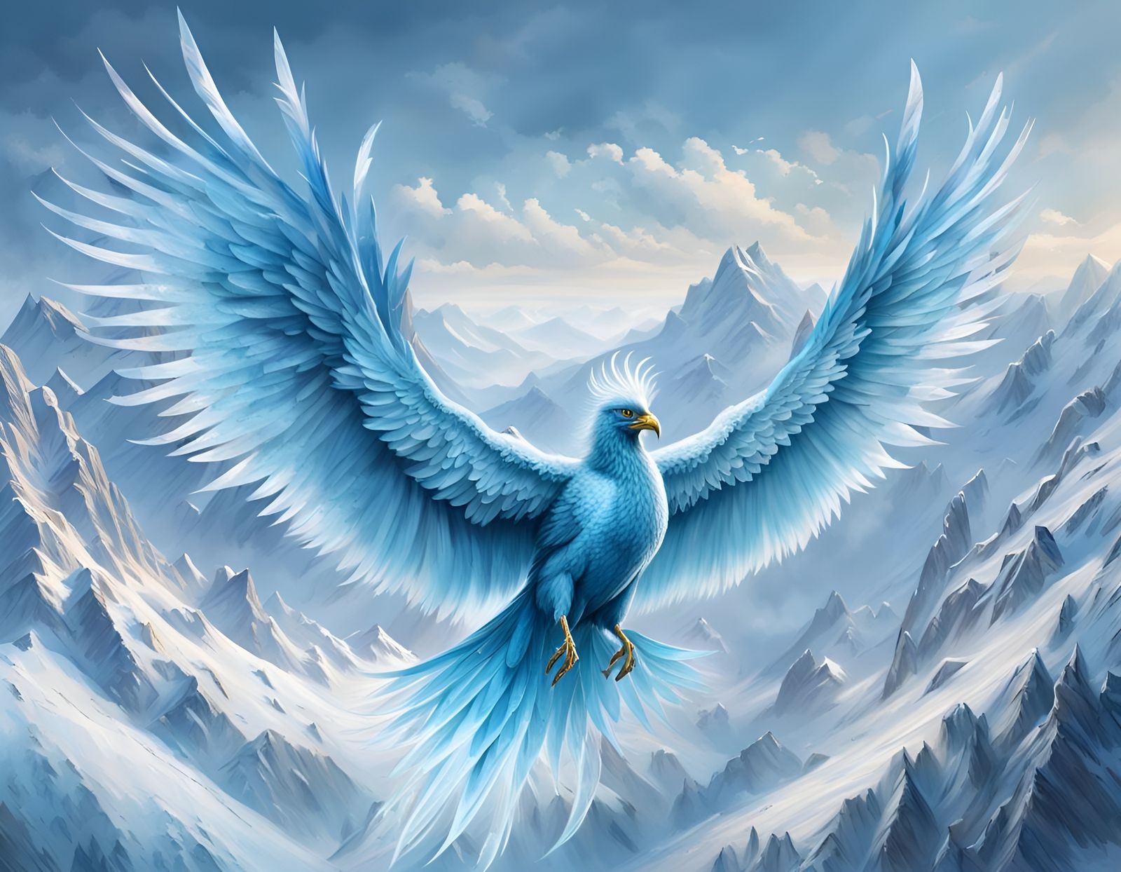 Majestic Ice Phoenix Flying Over Winter Mountains
