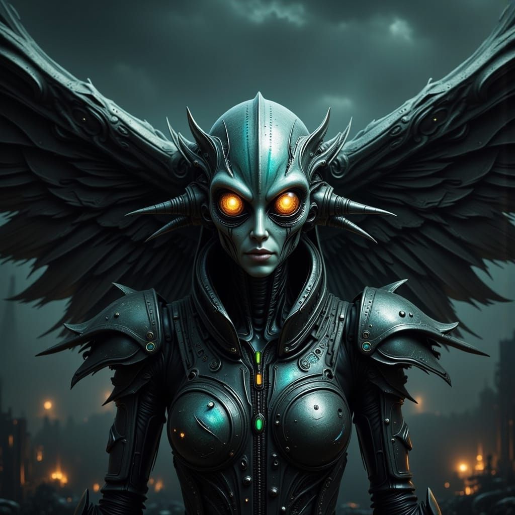 Winged Alien with Glowing Eyes in Metallic Armor