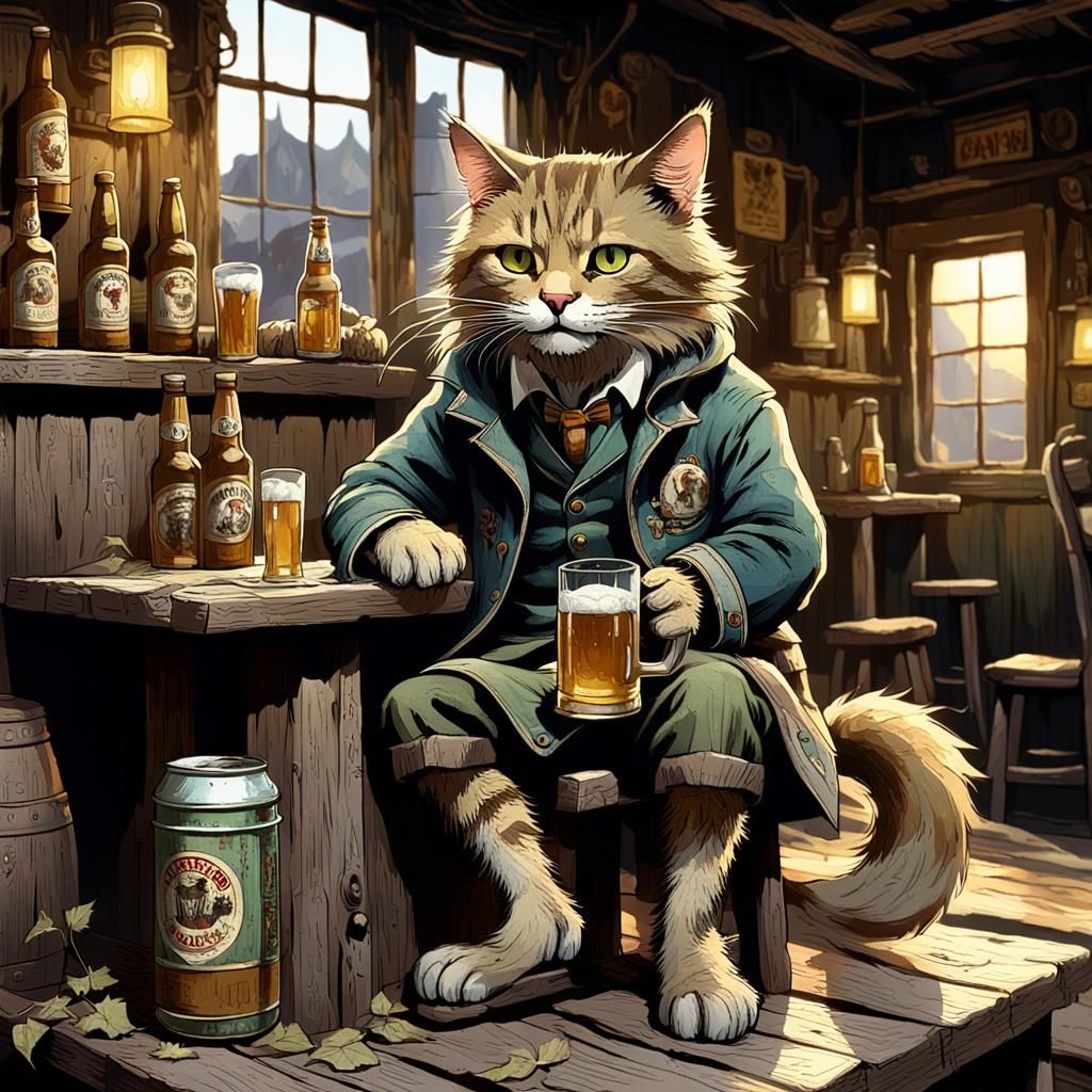 Beer-Drinking Cat in a Rustic Tavern