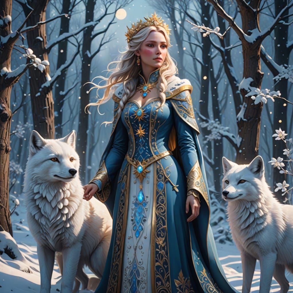 Snow Maiden with Fox and Bullfinch in Magical Forest