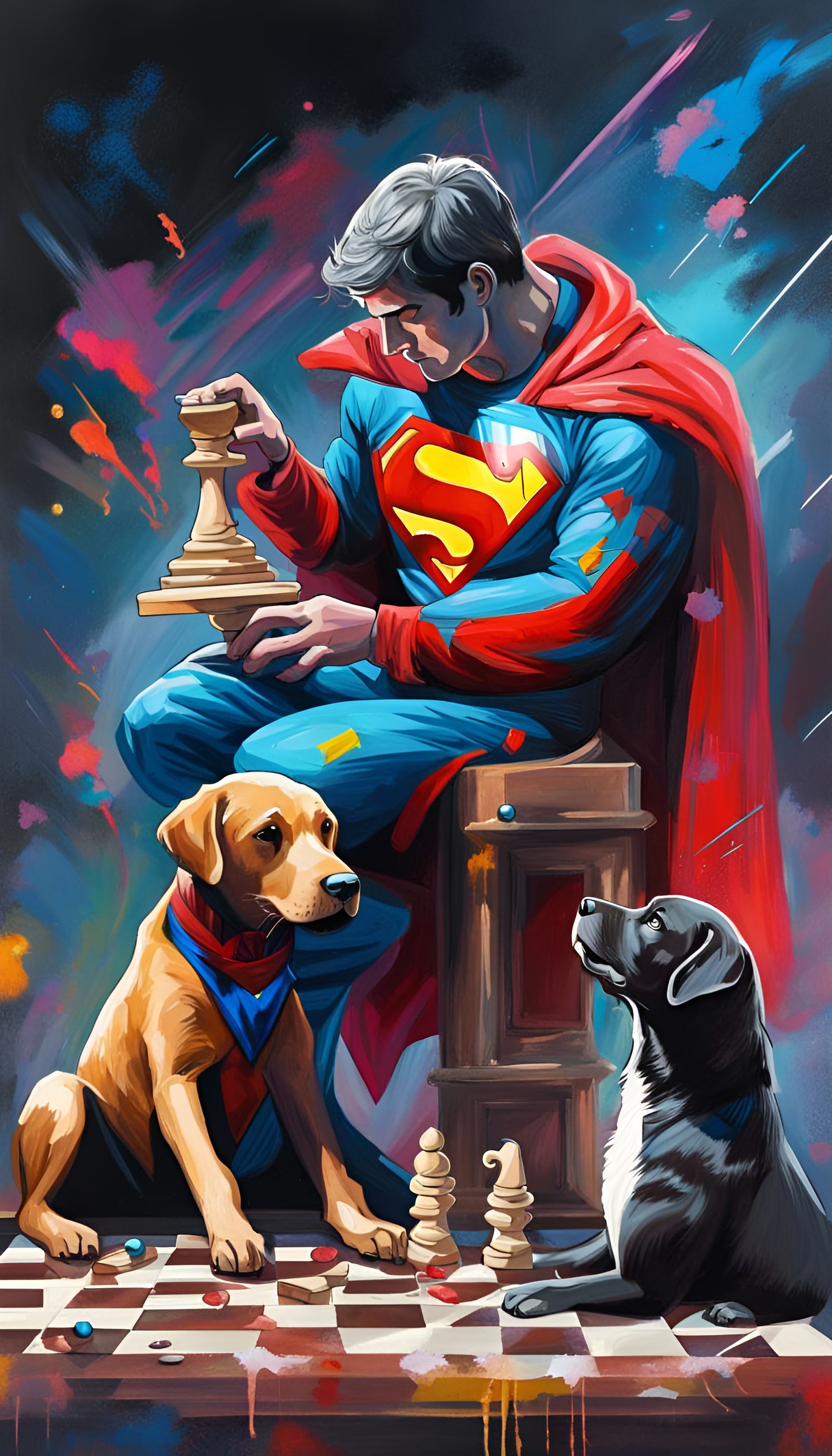 Superman and Labrador Play Chess in Space, Graffiti Art