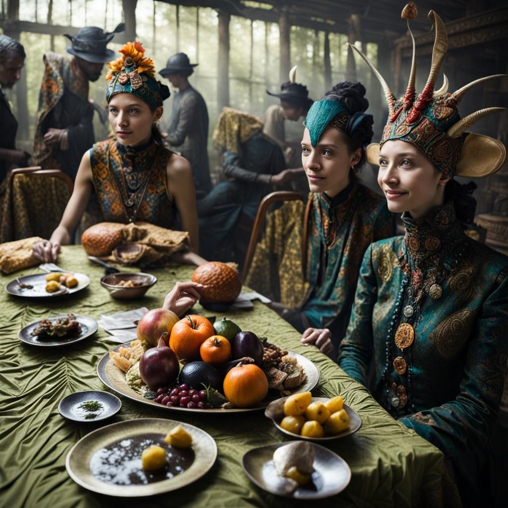 Surreal Alien Celebration in Gritty Restaurant