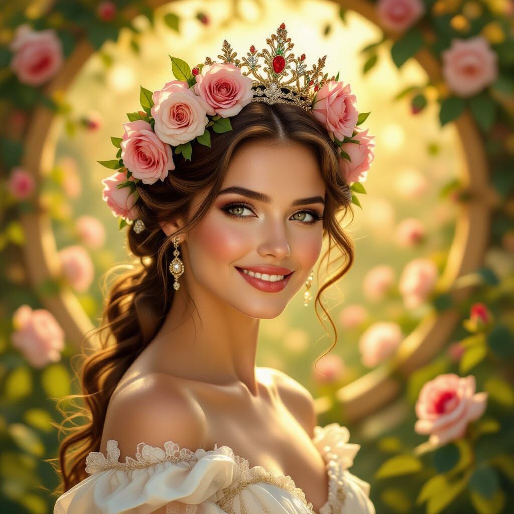 Regal Woman with Rose Crown in Enchanted Garden