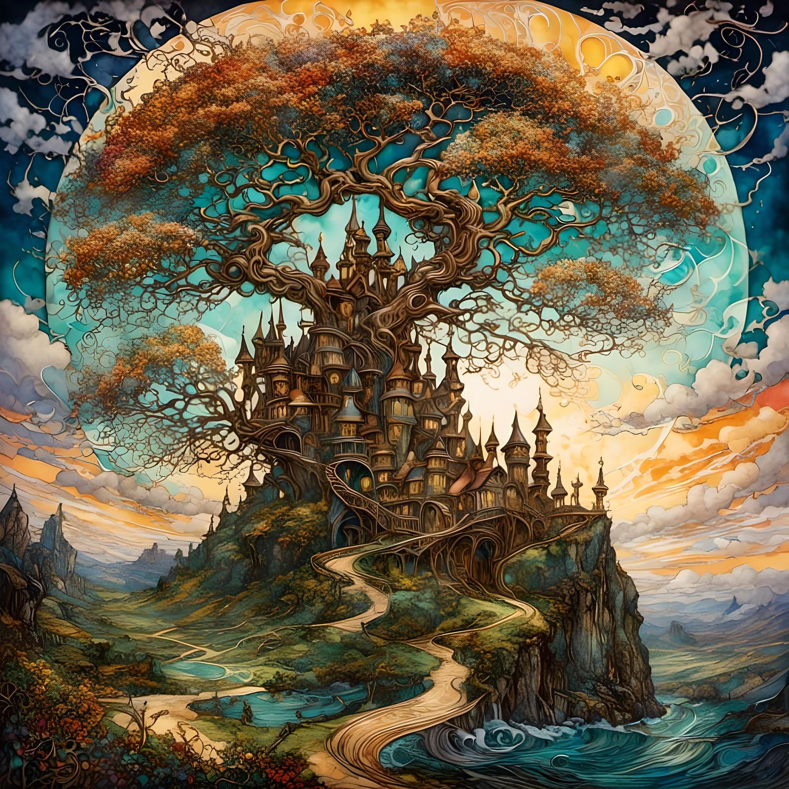 Art Nouveau Elvish Landscape with Alcohol Ink Details