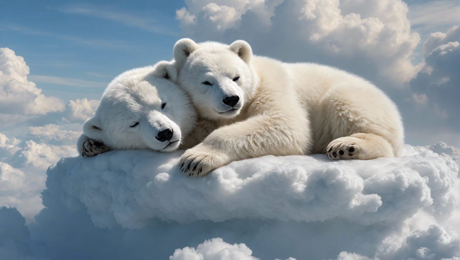 Dreamy Cloudscape: Sleeping Polar Bear Cub