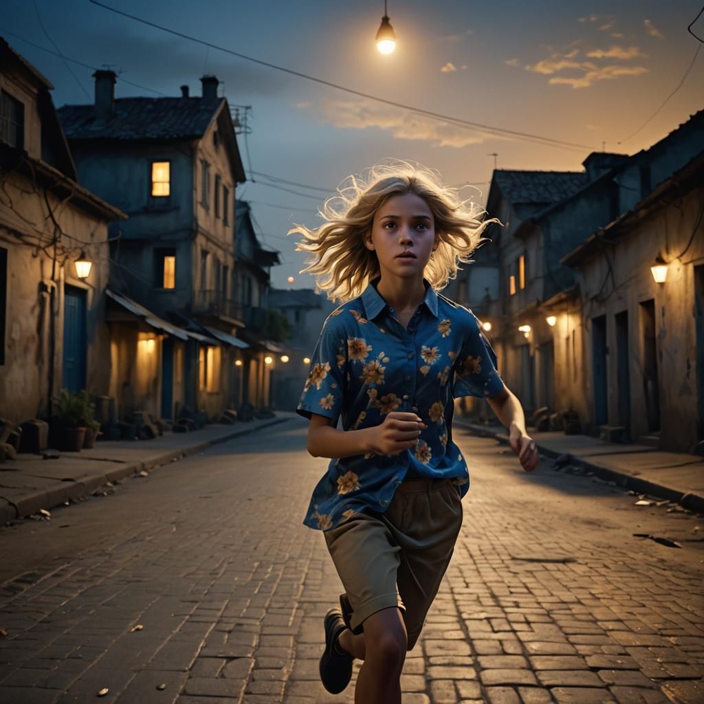 Girl Runs on Dark Street: Cinematic Concept Art