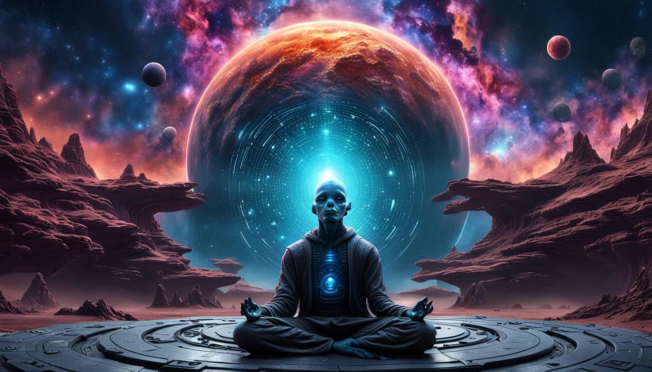 Meditating Alien in Galaxy: Digital Matte Painting