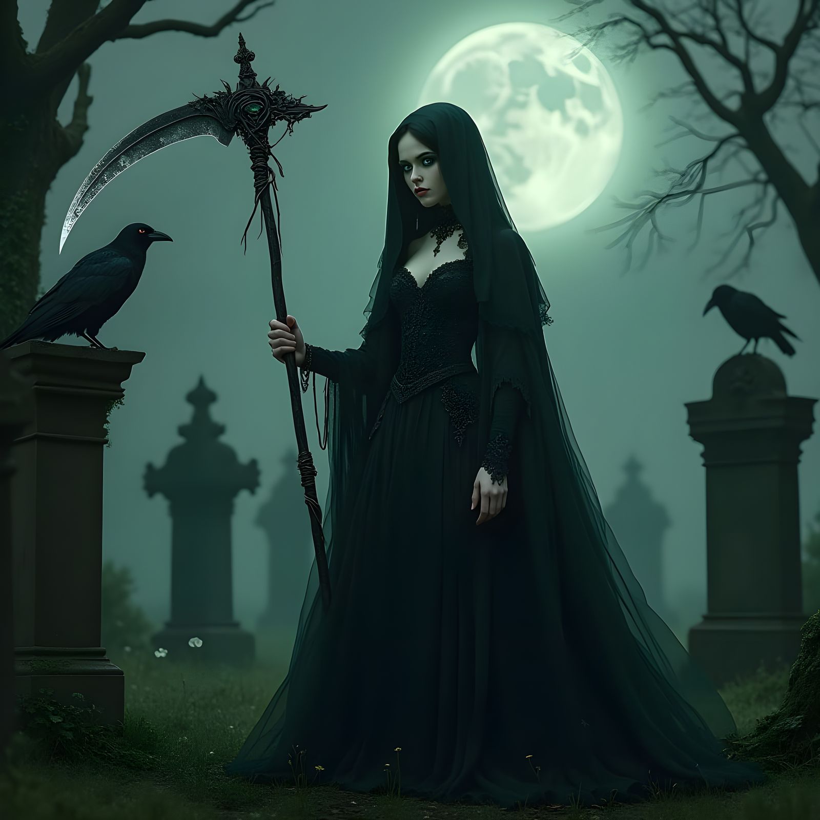 Gothic Female Harbinger of Death in a Dark Cemetery