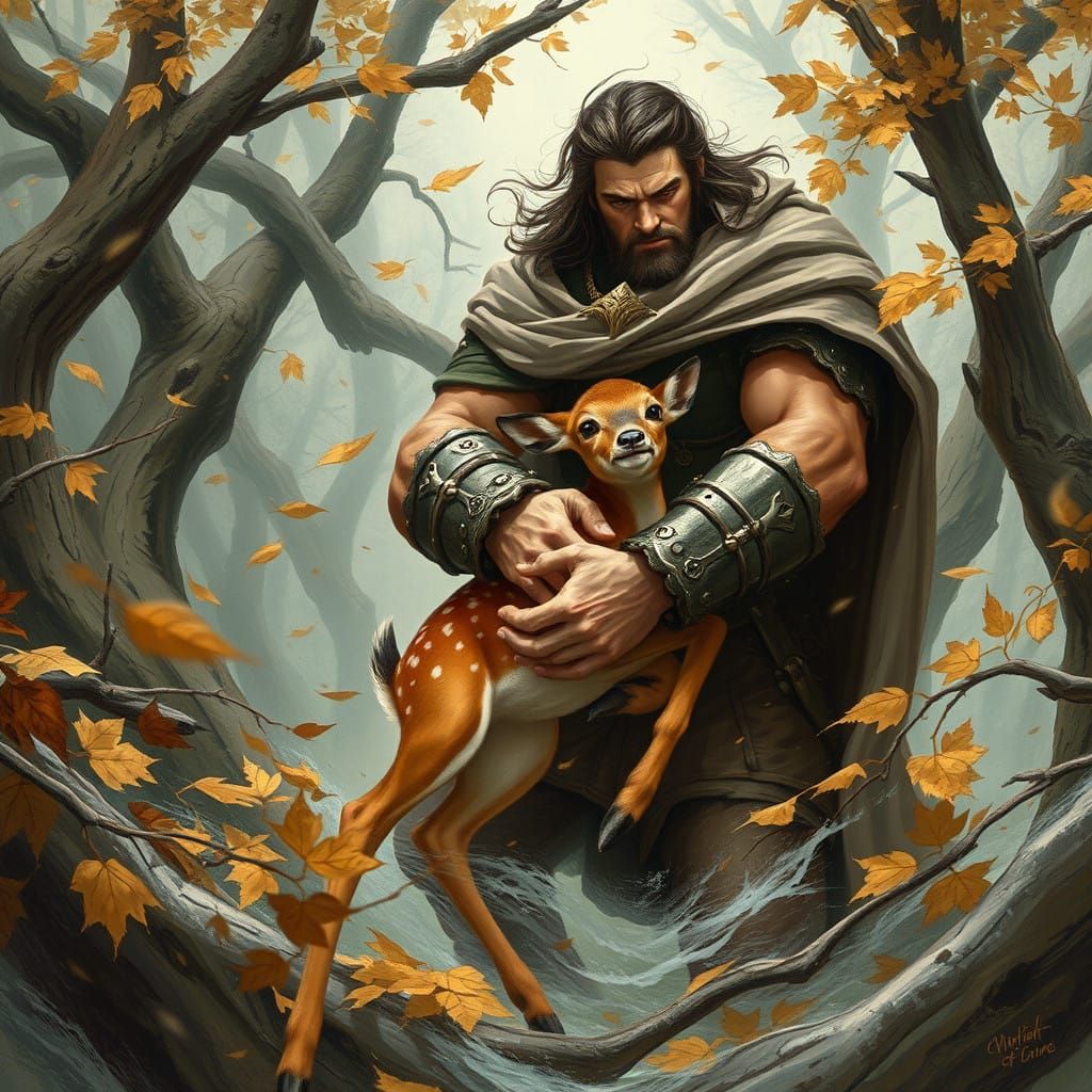 Tall King Protects Fawn from Turbulent Storm in Autumn Fores...