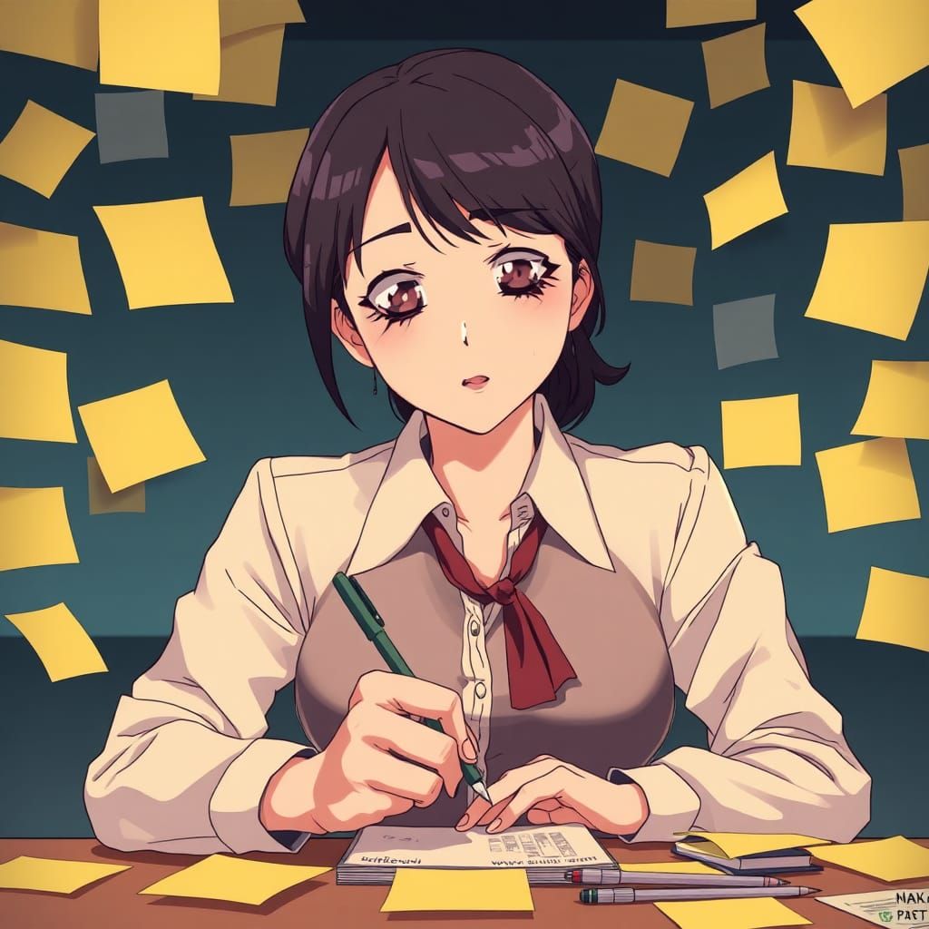 Overwhelmed Businesswoman in Anime Style Surrounded by Notes