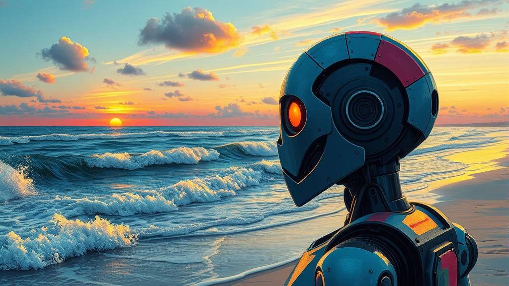 Robot Contemplates Sunset: Graffiti Art Style