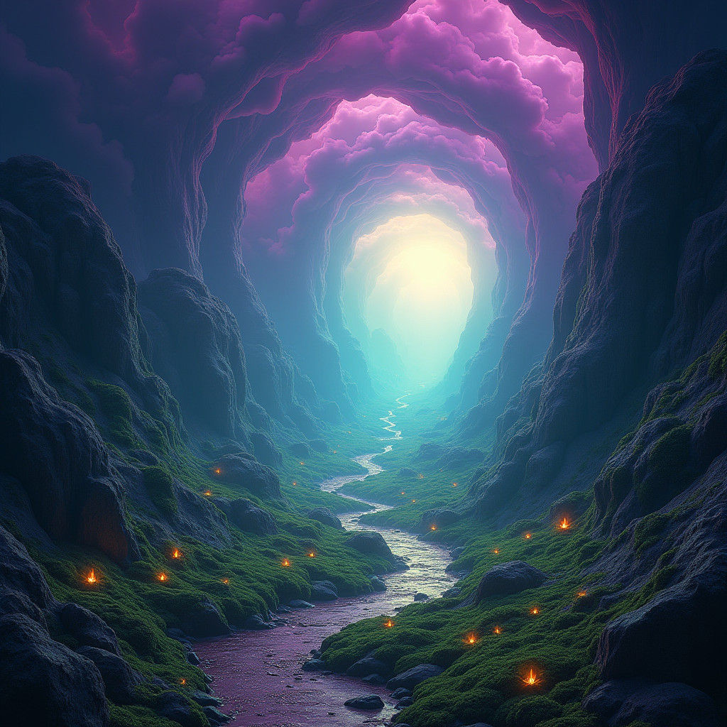 Mystical Rabbit Hole with Swirling Clouds