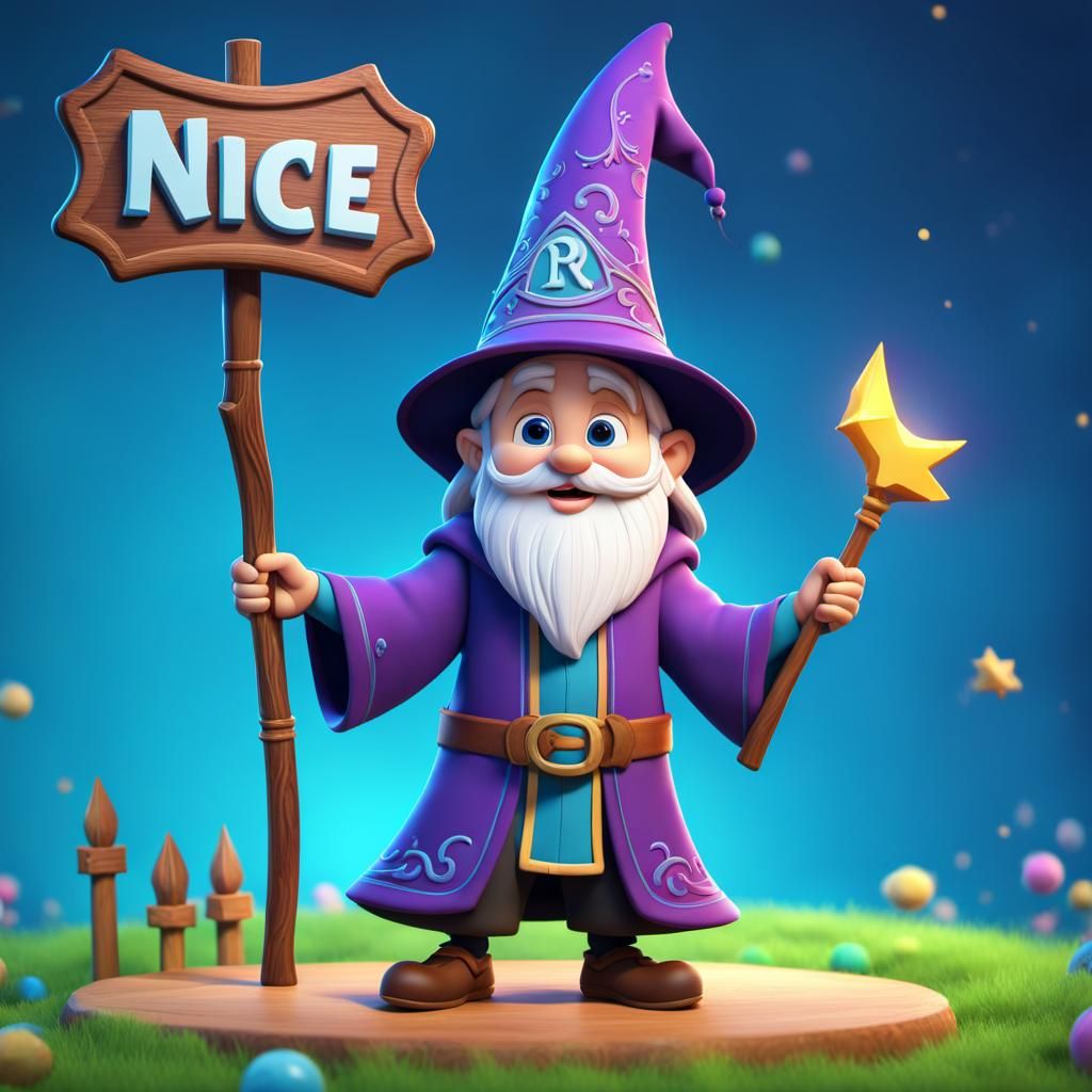 Cute Wizard Holding Sign in 3D Digital Art