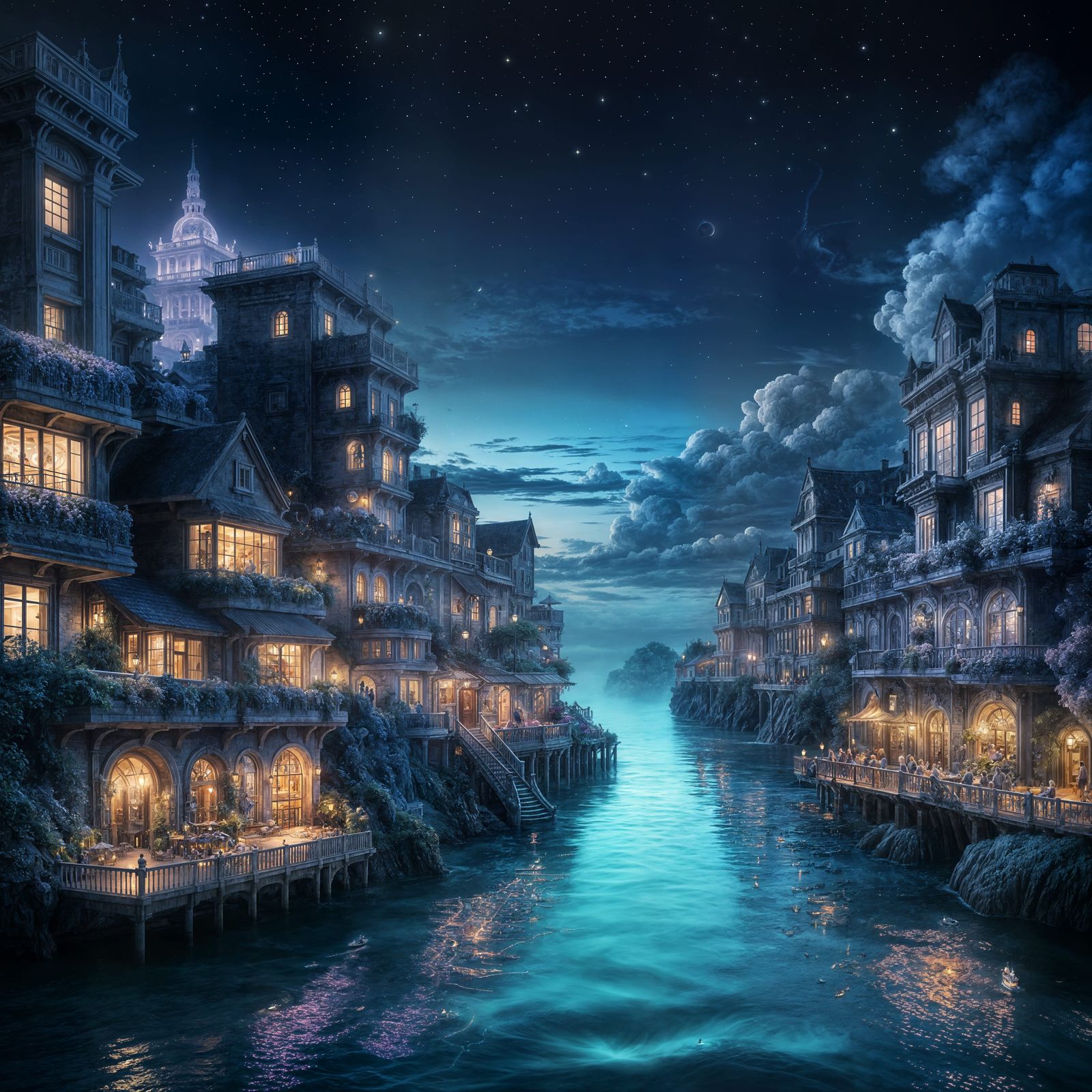 Whimsical Coastal Metropolis at Dusk