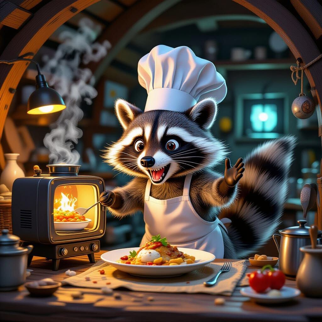 Raccoon Chef Presents Gourmet Dish on TV in Cozy Den